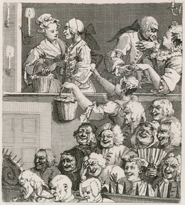 A nevető közönség. Hogarth képe a Drury Lane-ről narancssárga menyékkel 1733-ban alkotó: William Hogarth