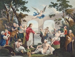 The Pool of Bethesda, illusztráció a „Hogarth Restored: The Whole Works of the híres William Hogarth, re-graves by Thomas Cook”, pub. 1812 (kézzel színezett metszet) alkotó: William Hogarth