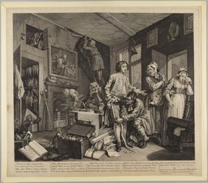 A fiatal örökös birtokba lép, 1. tábla A léha ember útja című sorozatból alkotó: William Hogarth