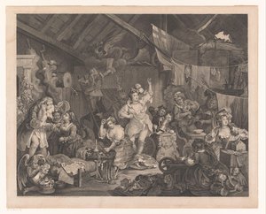Felöltözött színésznők és gyerekek egy pajtában Sétáló színésznők öltözőben egy pajtában alkotó: William Hogarth