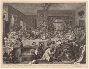Választási lakoma, „A választások” sorozat 1. lapja alkotó: William Hogarth