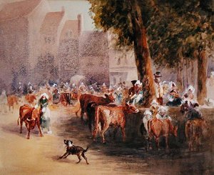 Kora reggel a falusi marhapiacon (akvarell papíron) alkotó: William Hunt