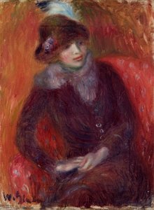 Ülő nő szőrme nyakrésszel és piros háttérrel alkotó: William James Glackens