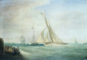H.M.S. – „Coquette” és „Sólyom” Lord-Yarborough-val a fedélzeten és a királyi jacht-William királyral a fedélzeten-off-the-Wight, -c.1830-37