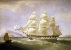 A "Triton" indián hajó Kína partjainál, egy kis helyi hajó látható. Olaj, vászon alkotó: William John Huggins