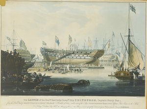 A Tiszteletreméltó Kelet-indiai Társaság "Edinburgh" nevű hajójának vízre bocsátása a Wigrams  Green Blackwall hajógyárból az "Abercrombie Robinson" hajóval a kikötőben. alkotó: William John Huggins