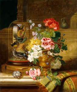 Váza válogatott virágokkal és énekesmadarakkal a párkányon, 1867