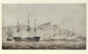 A HMS hajók "Wellesley", "Columbine" és "Grisel", Amoy (Kína) előtt, 1841-ben. Lavis