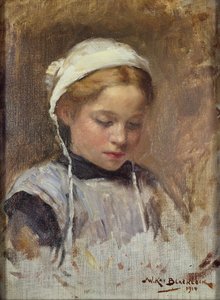 Fiatal lány kék pinafore-ban, 1914