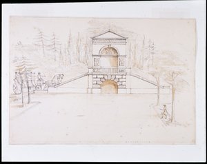 Chiswick, oromfalas kaszkád kialakítása a csatorna végén egy közúti híddal kombinálva (toll és tinta és mosás papíron) alkotó: William Kent