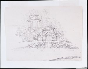 Chiswick, sziklaszó-kaszkád tervezése nyolcszögletű dór templommal a teraszon (toll és tinta ceruza fölött papíron) alkotó: William Kent