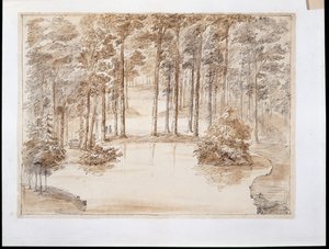 Chiswick, vízi erdei kert kialakítása (toll és tinta, valamint ceruza mosása) alkotó: William Kent