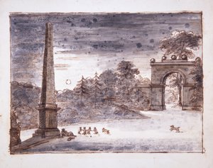 Chiswick, a Burlington Lane Gate és az obeliszk a holdfényben Kenttel az obeliszk mellett ülve álmodozva, játékban lévő nyulakkal, 1732 körül (toll, tinta és mosás papíron) alkotó: William Kent