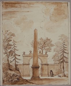 Chiswick, kilátás a Burlington Lane Gate-re, az obeliszkre az előtérben és Kent kutyával (toll, tinta és mosás papíron) alkotó: William Kent