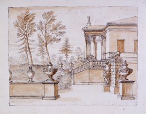 Chiswick, kilátás a villára az Inigo Jones szobor oldalán (toll és tinta, valamint átmosható ceruza papíron) alkotó: William Kent