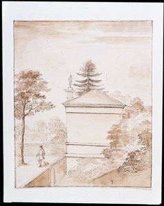 Chiswick, a Szarvasház oldalának képe a szarvaskert ha-ha-os belső töltéséről és a dór oszlop megtekintésével (toll és mosás papíron) alkotó: William Kent