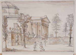 Chiswick, kilátás a villára a Palladio szobor felőli oldalon (toll és tinta, valamint ceruza mosása papíron) alkotó: William Kent