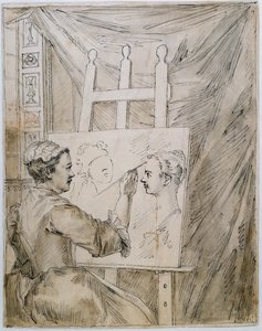 Lady Burlington a festőállványánál a kerti szobájában (toll, tinta és ceruza papíron) alkotó: William Kent