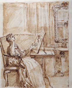 Lady Burlington a kerti szobájában ül, és egy öreg mester (?) rajzában gyönyörködik (toll és tinta papíron) alkotó: William Kent