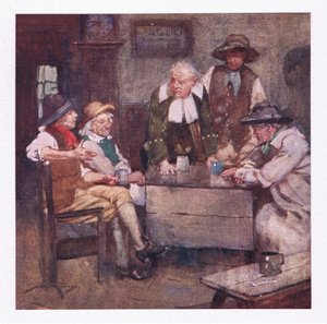 Ahol a falusi államférfiak elmélyülten beszélgettek, és az övéknél sokkal régebbi hírek keringtek (színes litho) alkotó: William Lee Hankey