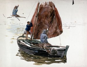 Egy férfi és egy fiú egy kis vitorlás fedélzetén. Akvarell alkotó: William Lionel Wyllie