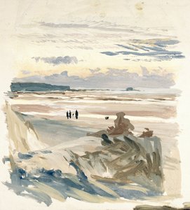 Figurák a tengerparton, valószínűleg Amble-ben (Franciaország), a Vauban erőd sziluettjével az alkonyat fényében. alkotó: William Lionel Wyllie