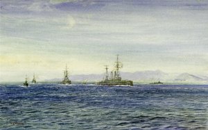 HMS "Albemarle", a Firth of Moray (Skócia), az Északi-tenger háromszög alakú bejáratánál, ez a hadihajó az első világháború alatt a Csatorna flotta járőrhajójaként szolgált, majd jégtörőként segítette az Archangel-t 1916-ban. alkotó: William Lionel Wyllie