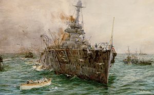 A HMS "Audacious" elsüllyed a Loch Swilly-nél, miután aknára futott, 1914. október 27., 20. század eleje (akvarell) alkotó: William Lionel Wyllie