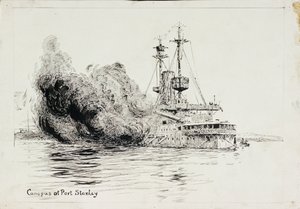 A HMS "Canopus" Port Stanley-nél, a Falkland-szigeteki csata nyitó lövéseit leadva, 1914. december 8. (toll és tinta, fekete mosással, kártyán) alkotó: William Lionel Wyllie