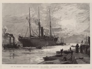 Off to Ashanti, Good-Bye and Good-Luck!, a Coromandel gőzös elhagyja a Royal Albert Dockot.