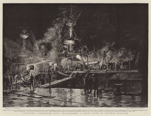 Túlóra, a HMS Magnificent befejezése, éjszakai jelenet a chathami hajógyárban alkotó: William Lionel Wyllie