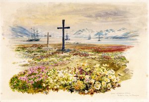 Search Bay (Research Bay, Tasmánia, Ausztrália), két kereszt virágágyásba ültetve, a távolban hajókkal. Akvarell alkotó: William Lionel Wyllie