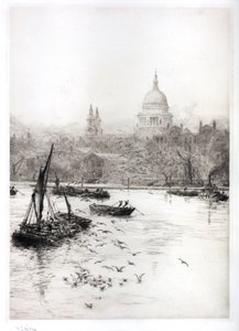Hajózás és sirályok a St Pauls alatt (akvarell) alkotó: William Lionel Wyllie