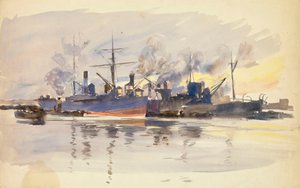 Kereskedelmi hajók vázlata a kikötőben, 19. század vége-20. század eleje (akvarell) alkotó: William Lionel Wyllie