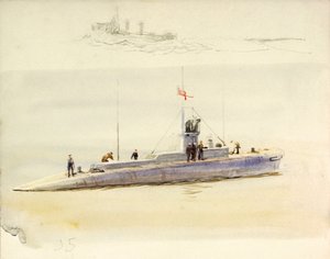 J.5 tengeralattjáró és egy másik harci hajó vázlata, 20. század eleje (akvarell, grafit) alkotó: William Lionel Wyllie