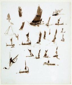 Temzén lakóhajókkal kapcsolatos tanulmányok (Anglia). William Lionel Wyllie (1851-1931) 1890 körüli jegyzetfüzetéből származó gouache. alkotó: William Lionel Wyllie