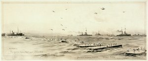 A német nyílt tengeri flotta Scapában, 1918 körül (mosás, szürke, fehérrel kiemelve) alkotó: William Lionel Wyllie