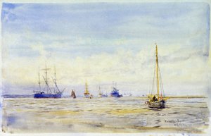 A Hamble folyó (Anglia) és a csónakázás. William Lionel Wyllie (1851-1931) akvarellje, 19. század vége. alkotó: William Lionel Wyllie