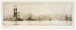 Az amerikai "New York" és "Texas" csatahajók Rosyth előtt, 1918 körül (metszet, grafittal érintve) alkotó: William Lionel Wyllie