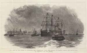 A királynő látogatása Liverpoolban, a Claughton, Őfelségével a fedélzeten, elhalad a White Star SS Republic mellett a Mersey folyón. alkotó: William Lionel Wyllie