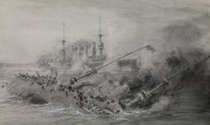 A "Scharnhorst" és a "Gneisenau" utolsó hajója; a Falkland-szigeteki csata, 1914. december 8., 16.15 körül, 1915-18 körül (mosás, szürke, fehérrel kiemelve). alkotó: William Lionel Wyllie