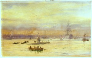 Ez a kép a kikötő gosporti oldaláról néz felfelé, ahol egy tengeralattjáró fut be, előtte pedig egy másik. alkotó: William Lionel Wyllie