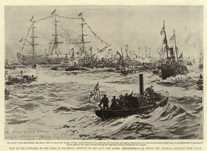 Kilátás a Holtenau-i csatorna bejáratára, bal oldalon látható a háromemeletes modell, amelyben a császári bankett zajlott alkotó: William Lionel Wyllie