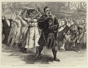 A londoni skót önkéntesek halloween-i vacsora, a Haggis behozatalával