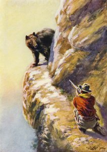 Összecsapás egy férfi és egy medve között egy keskeny hegyi párkányon (színes litó) alkotó: William Luker