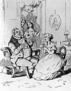 Joseph Sedley úr belegabalyodott Becky Sharpba, illusztráció a Vanity Fair 1. fejezetéhez, William Makepeace Thackeray (1811-1863) regénye, metszet William Makepeace Thackeray (1811-1863) rajza után, 1882-ben Chicagóban megjelent