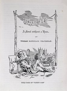 A "Vanity Fair, egy hős nélküli regény" címlapja a művész és a szerző önarcképével, kocsma. 1848