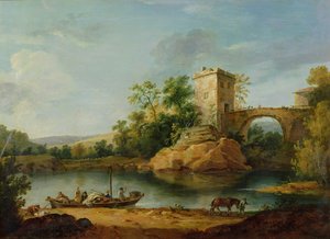 Erdős olaszországi folyótáj parasztokkal egy bárkában és egy hídon túl, 1770 körül (akvarell) alkotó: William Marlow