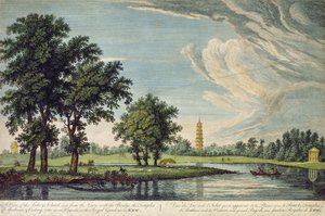 Kew, Kilátás a tóra és a szigetre a gyepről, a híddal, Arethusa és Victory templomaival, valamint a Kew-i királyi kertben lévő Nagy pagodával alkotó: William Marlow