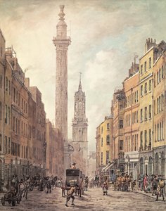Kilátás a Fish Street Hillre, az emlékműre és a Szent Magnus mártírra a Gracechurch Streetről, London, 1795 (kézzel színezett metszet)